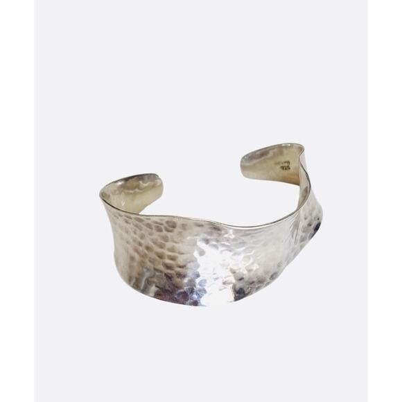 Hammered 925 Silver Bracelet Wave Bone Cuff Raised Wrist Mexico Modernist Boho - Picture 2 of 12